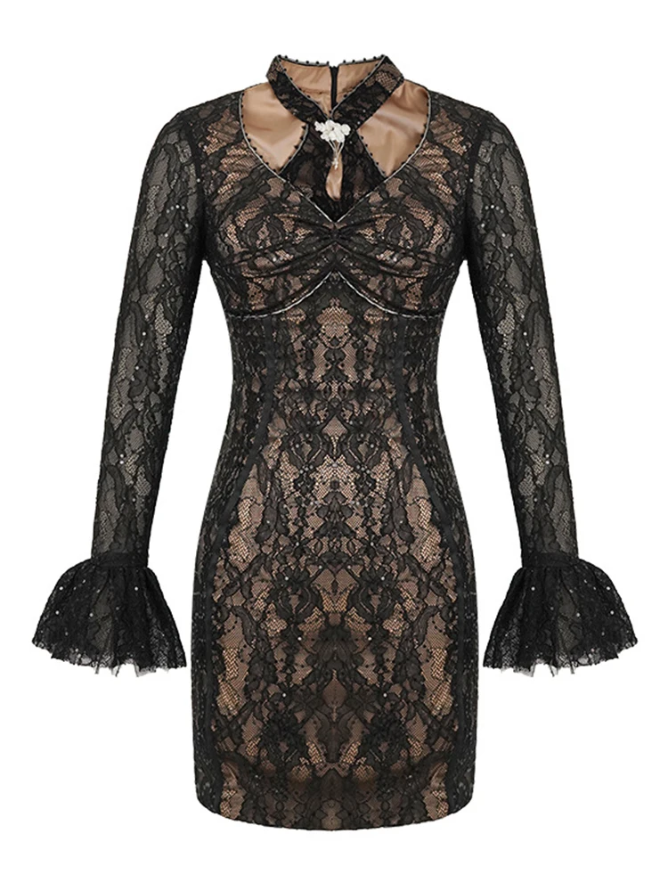 ชุดราตรีสีดำประดับเลื่อมวิบวับสำหรับผู้หญิง ดีไซน์หรูหรา เซ็กซี่ แขนบานทรงเข้ารูป สั้น กระชับ เหมาะสำหรับงานปาร์ตี้ งานพรอม หรืองานเลี้ยง