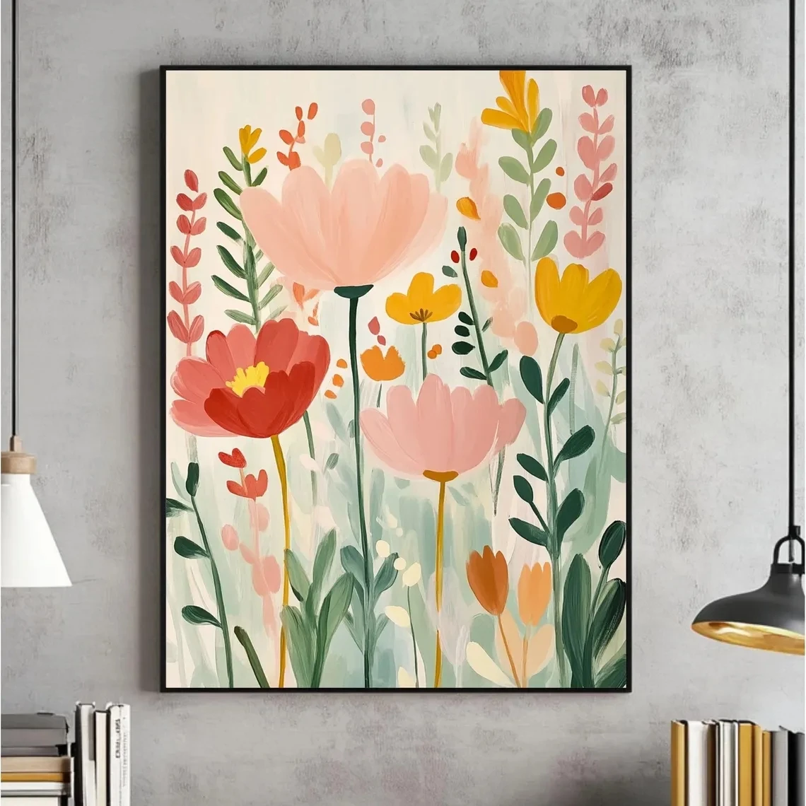 Póster Floral Abstracto Brillante para Pared, Arte Botánico de Primavera, Impresión Moderna en Rosa y Verde, Póster de Flores
