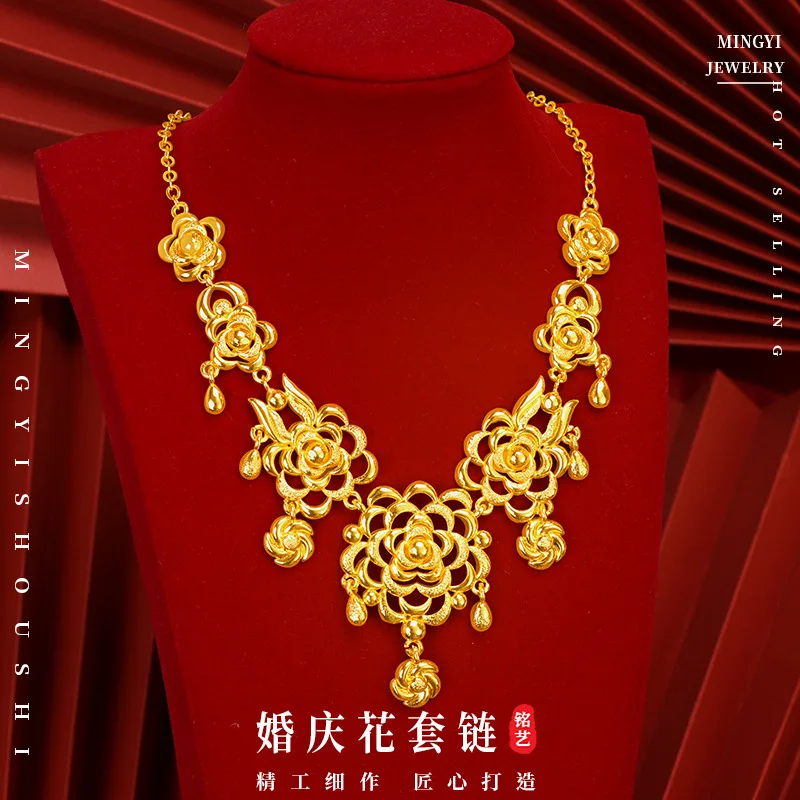 Luxury 24K 9999 Pure Gold real gold Women's Wedding Flower Chain Saudi Dubai Bride Wedding Necklace view 2