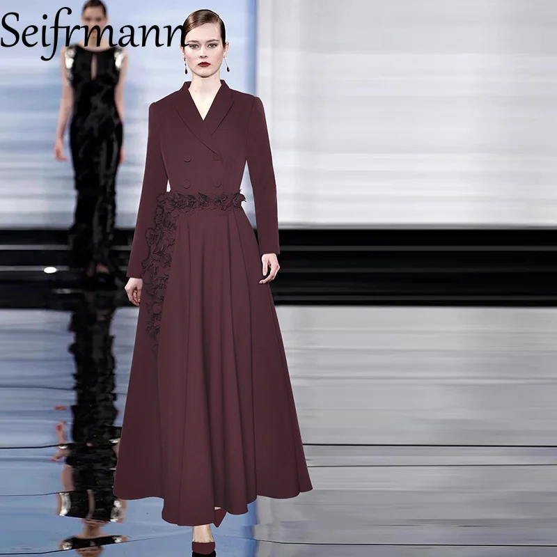 Seifrmann 2026 Spring Women's New Fashionable Collar Long Sleeve Three Dimensional Flower Double breasted Waist Cinching Dress