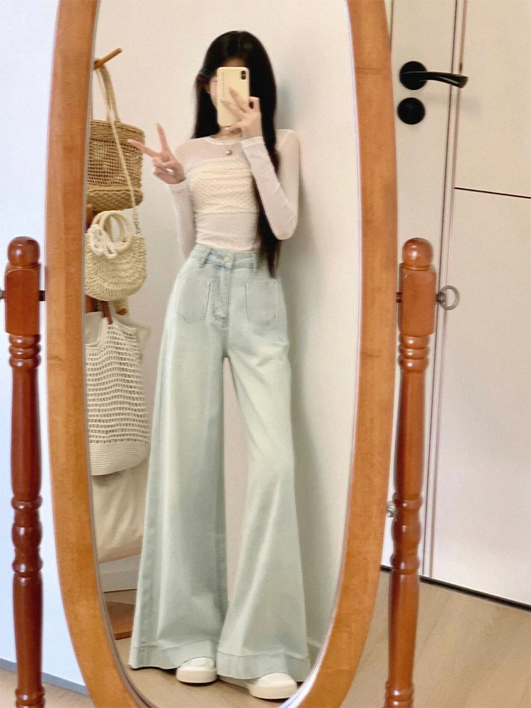 Light Color Silk A-Line Flared Jeans Women's Thin Summer Small Size High Waist Wide Leg Straight Cut Wide Leg Pants