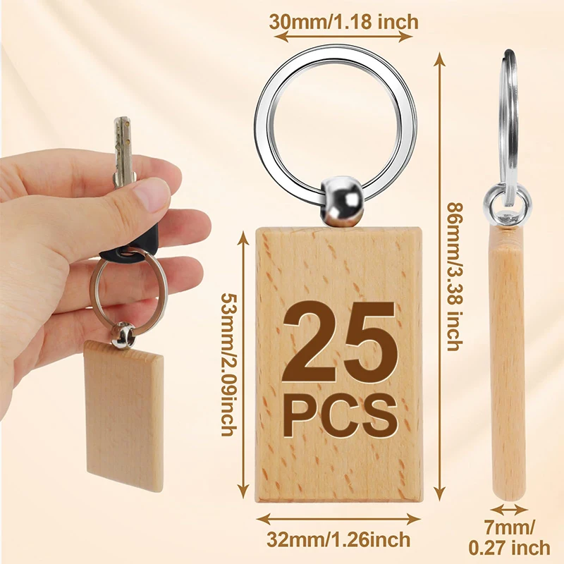 25Pcs Unfinished Wooden Keychain Blanks Wood Blanks Key Chain Rectangle Wood Keychain Tags Unfinished Wooden Key Ring