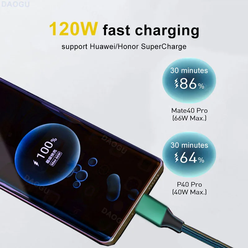 6A 120W 100W 66W Fast Charging Usb Cable Type C Cord for Huawei Honor Xiaomi Green Color Fast Charge Type C Cable 1m 2m 3m 0.5m