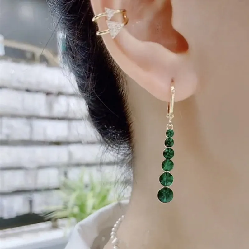 Classic Geometric Green Crystal Drop Earrings for Women Zircon Long Green Earrings Luxury Design Girls Party Jewelry Accessories