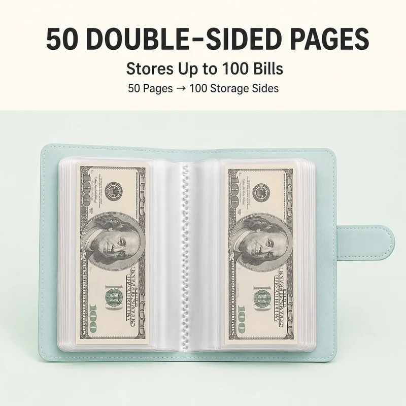 100-Slot Cash Binder Wallet PU Banknote Storage Album With 50 Double-Sided Pages Buckle Closure For Budgeting Savings