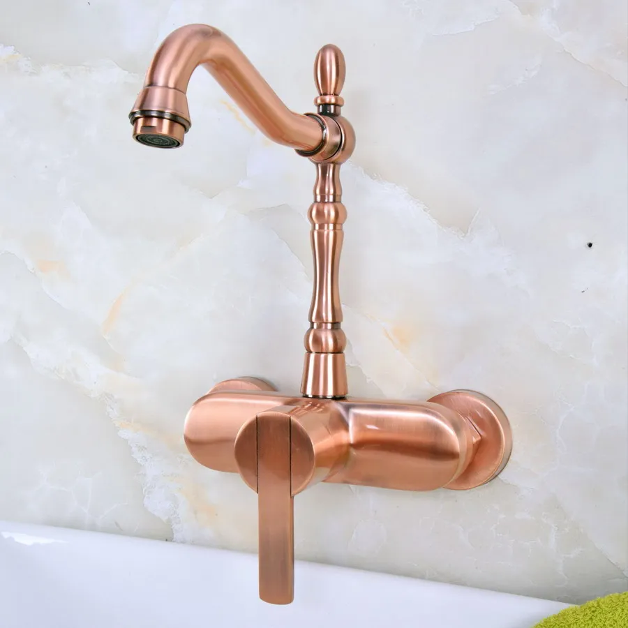 

Antique Red Copper Brass Bathroom Kitchen Sink Basin Faucet Mixer Tap Swivel Spout Wall Mounted Single Lever Handle mnf937