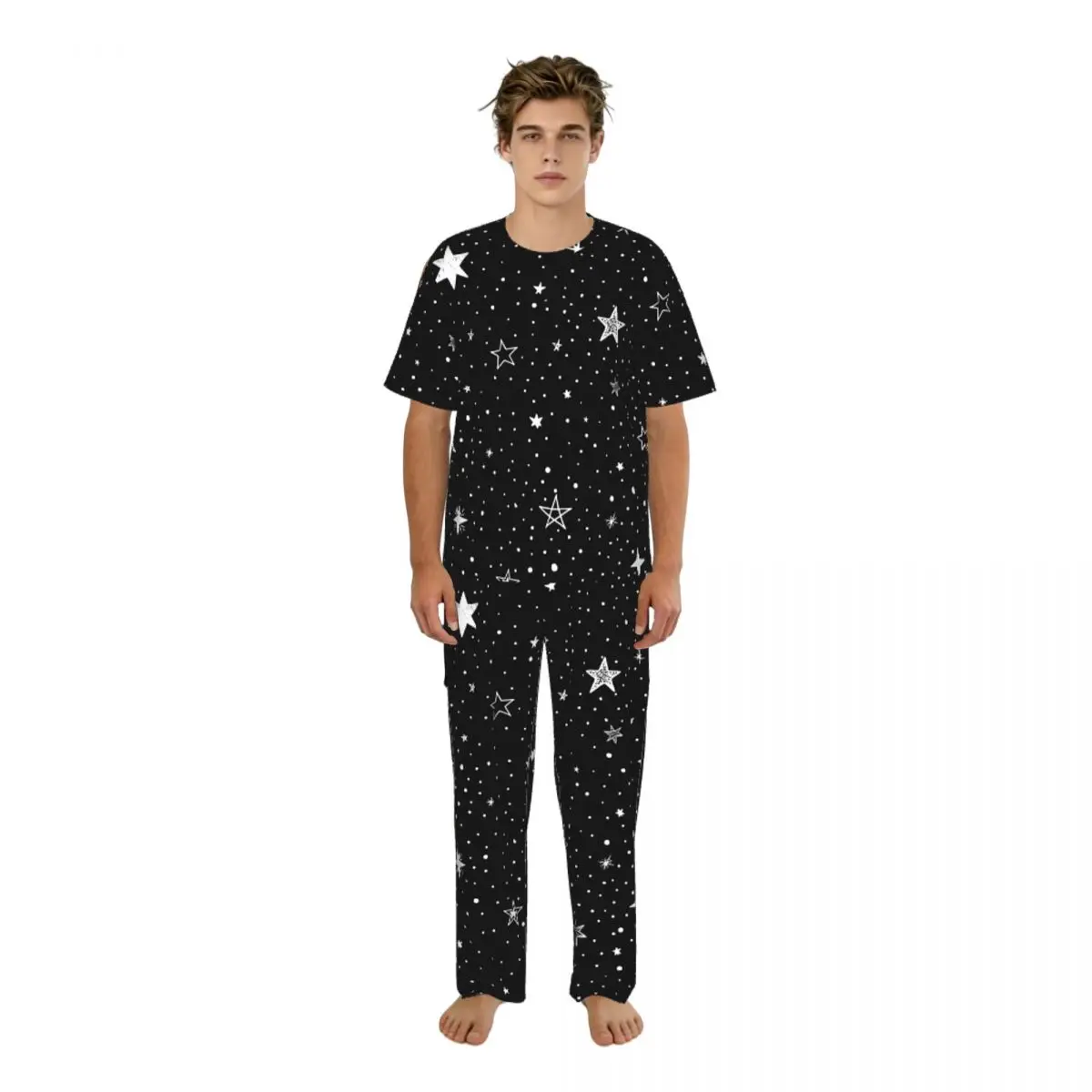 Sleepwear Summer Spring Home Clothes Black Stars Short Sleeve Long Pant Nightwear