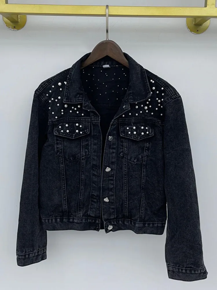 DEAT Fast Delivery New Autumn Fashion Women’s Denim Jacket Full Sleeve Loose Button Pearls Short Lapel Wild Casual 2024 AP446