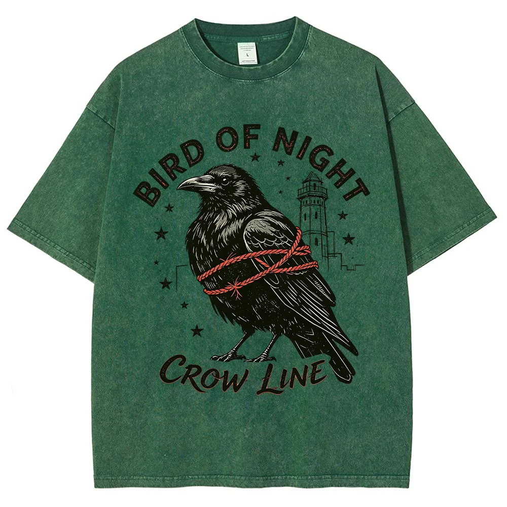 Men  BIRD OF NIGHT Crow Raven Graphic T Shirt Oversized Vintage Cotton Beige Gothic Dark Aesthetic Loose Casual Tops