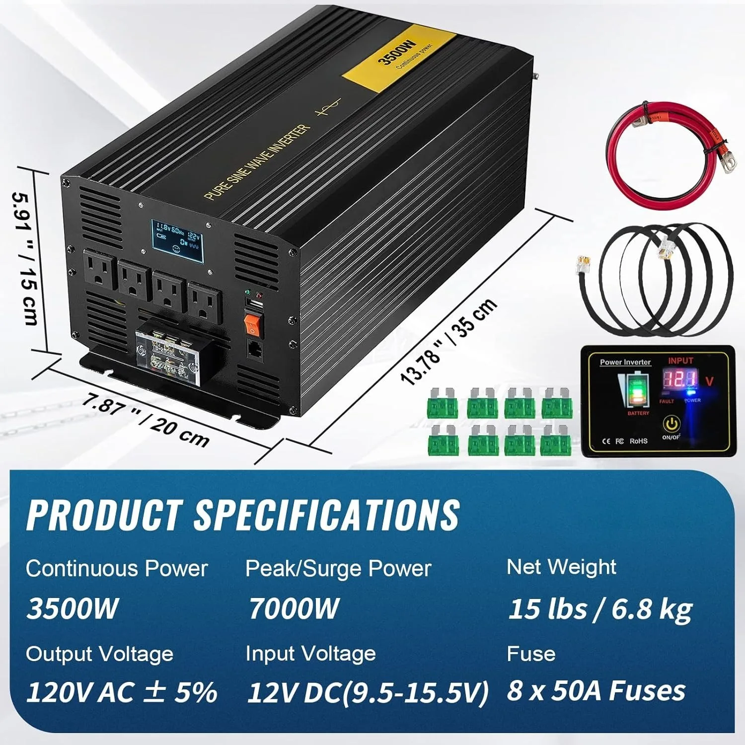 Convertitore a onda sinusoidale pura Convertitore di potenza da 3500 Watt, Convertitore per auto da CC 12 V a CA 120 V, con porta USB Display LCD Telecomando