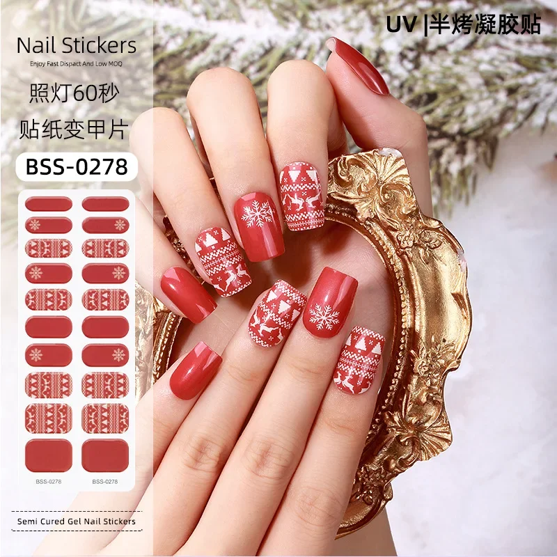 20 puntas de copos de nieve rojos, Gel semicurado, pegatina para uñas, lámpara UV necesaria de larga duración, decoraciones navideñas para manicura DIY, 2024