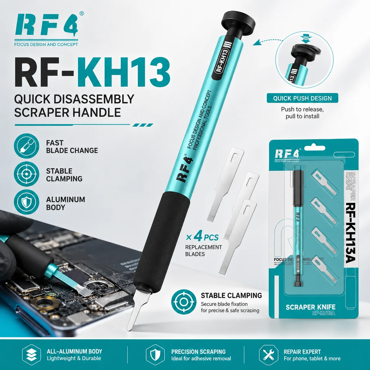 RF4 RF-KH13 Quick-Release Push Button Blade Handle Easy Replacement Spring-Back Automatic Clamping for Phone PCB Repair Tool Kit