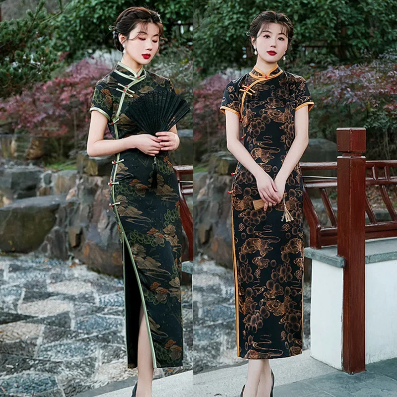 

Women Qipao Dress Chinese Style Traditional Costume Classic Vintage Printed Long Cheongsam Sexy Side Slit Slim Evening Dresses