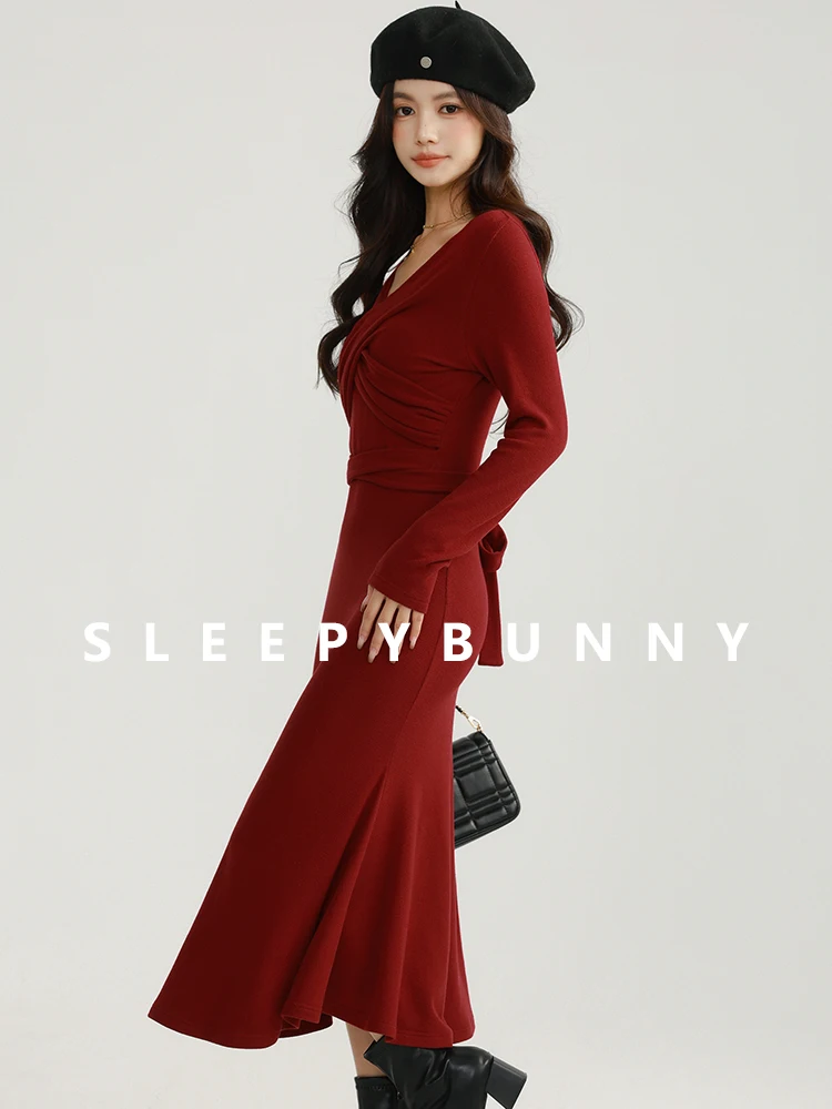 

Vintage V-neck Twist Dress Slimming Cross Design Waist Cinching Mermaid Fishtail Skirt Retro Hong Kong Style Long Dress Women