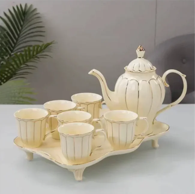 Teapot Set European Modern Afternoon 6pcs Gold Rim Porcelain Tea Cup with Tray Ceramic 2024