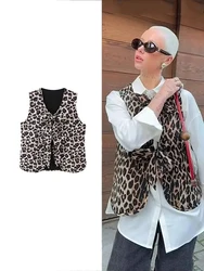 TRAF Women Fashion Lace Leopard Vest Vest Autumn Street Loose Sleeveless V Neck Vest Slim Bow Decoration Tops High Street Jacket