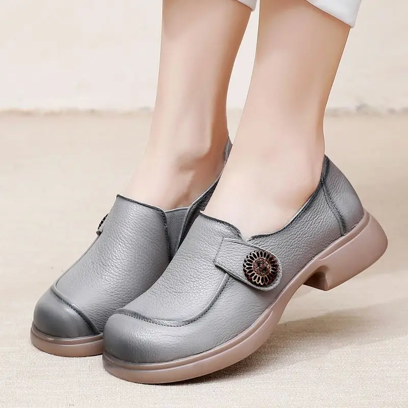 

Genuine Leather Ballet Flats Womens Low Heels Gray Moccasins Ladies Slip On Chic Loafers Luxury Vintage Dress Shoes High Quality