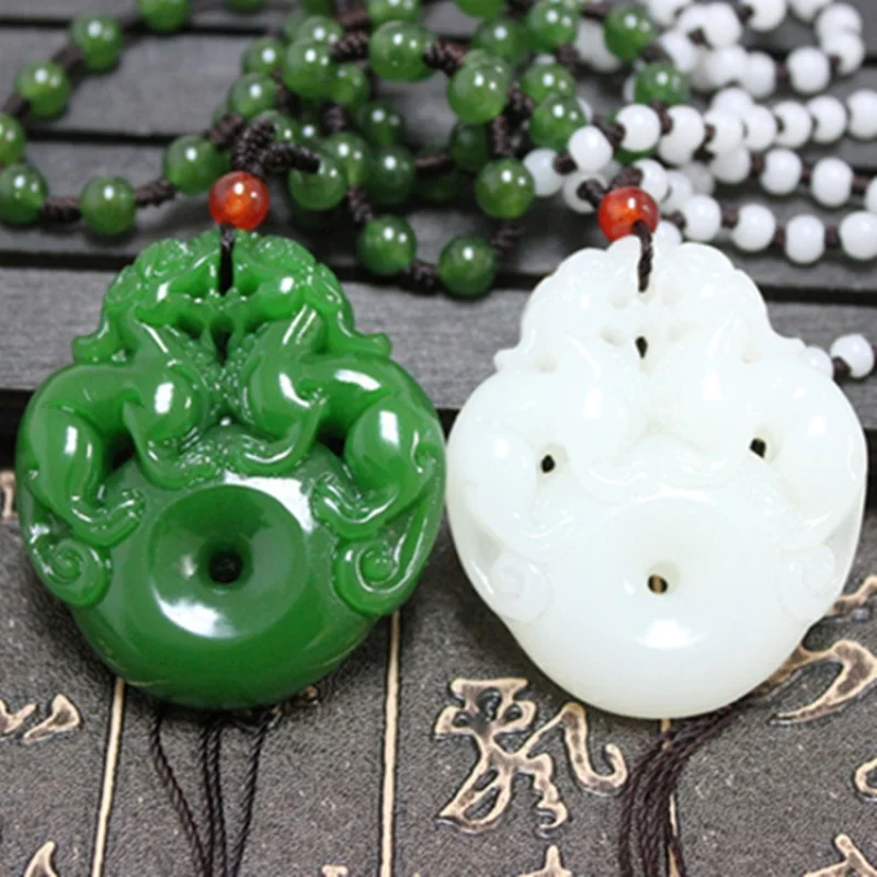 

Xinjiang Hetian Jade Green Jade Outer Mongolia Material Pi Xiu Pendant All the Best Jasper Double Pixiu Pendant