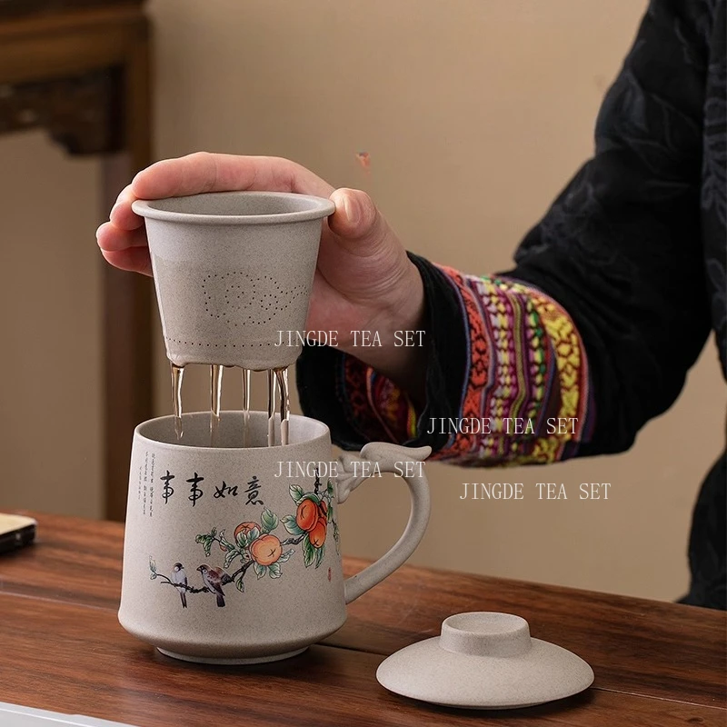 400ml Ceramic Tea Cup with Lid Tea Separation Office Cup Personal Chinese Style Mug Household Tea Filter Cup Drinking Utensils