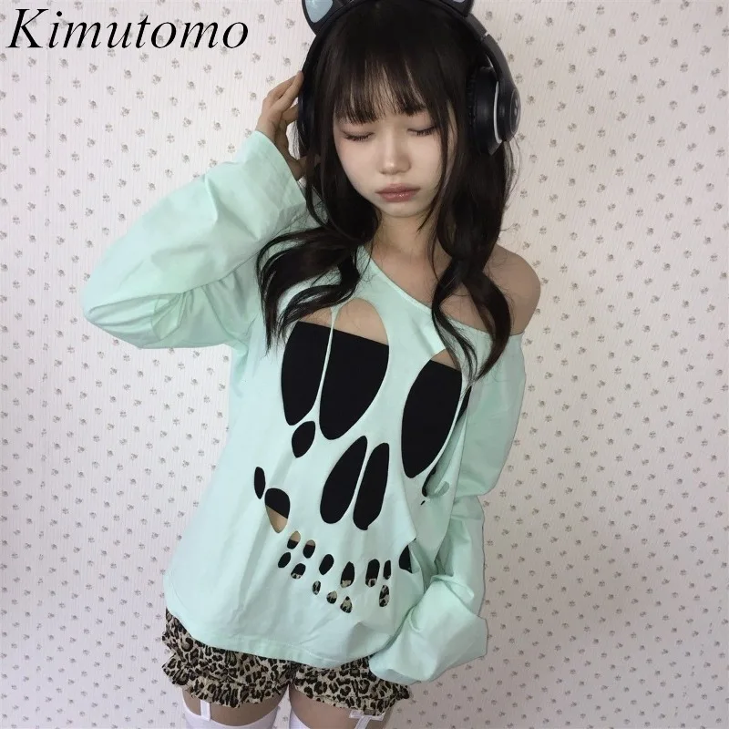 Kimutomo Women T Shirts Sexy Vintage Skulls Printed Hole Diagonal Collar Off Shoulder Long Sleeve Vintage Grunge Gothic Y2k