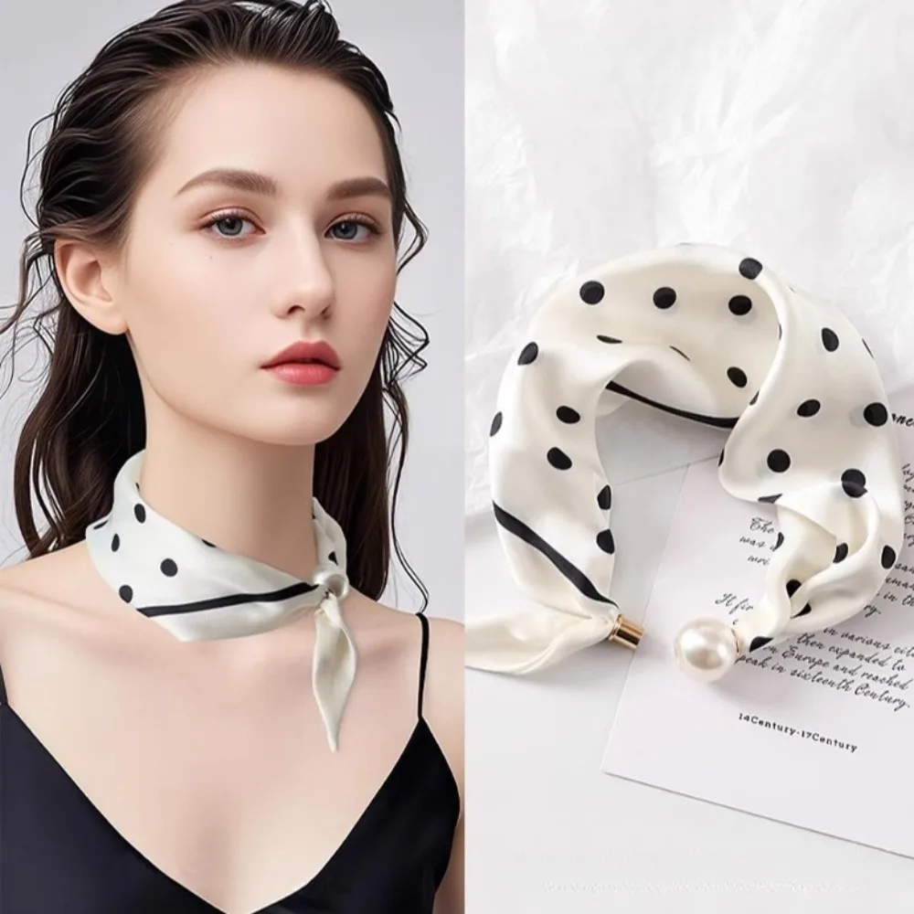 Women Silk Scarf Pearl Pendant Buckle Necklace Style Thin Sweet Elegant Spring Summer Collarbone Chain Neck Warmer Accessories
