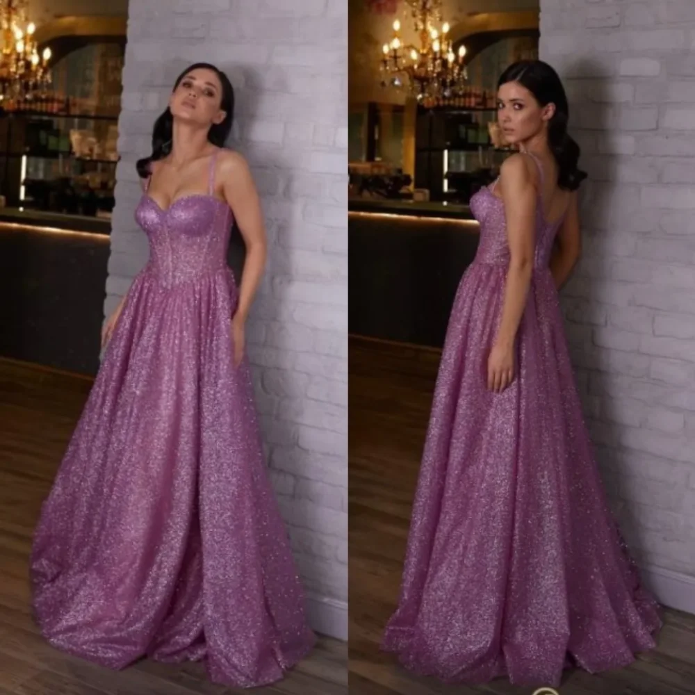 Elegant eine Linie Abendkleider lila rosa Spaghetti formelle Party Abschluss ball Kleid Pailletten Glitzer Kleider für besondere Anlässe Brauch