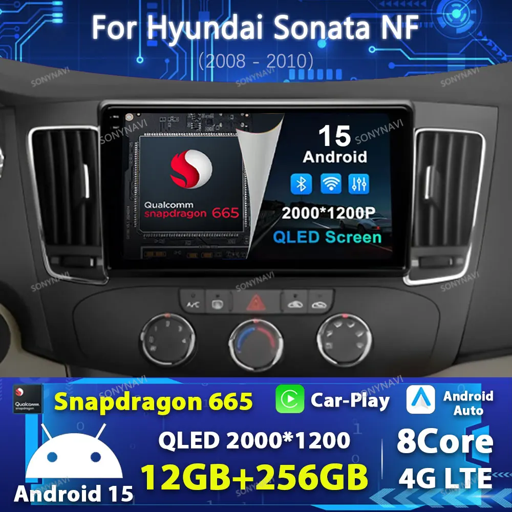 Автомобильное радио Android 15 для Hyundai Sonata Nf 2008-2010 Мультимедийный стерео видеоплеер BT 4G LTE 5G WIFI Qualcomm GPS NAVI 2DIN