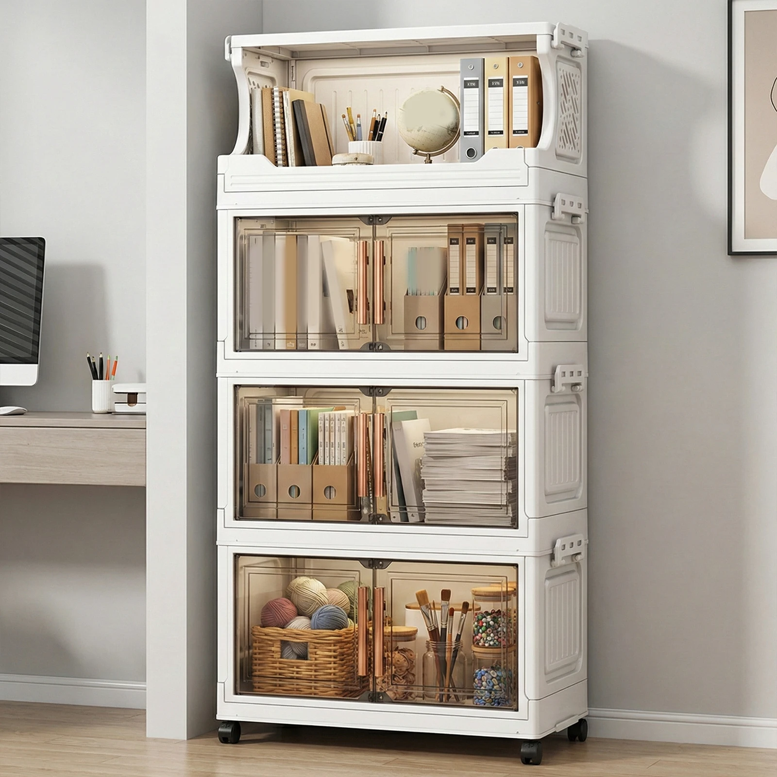 3/4-Tier Stackable Storage Boxes Heavy-Duty Plastic Storage Cabinet Foldable Organization with Door and Wheels Storage Container