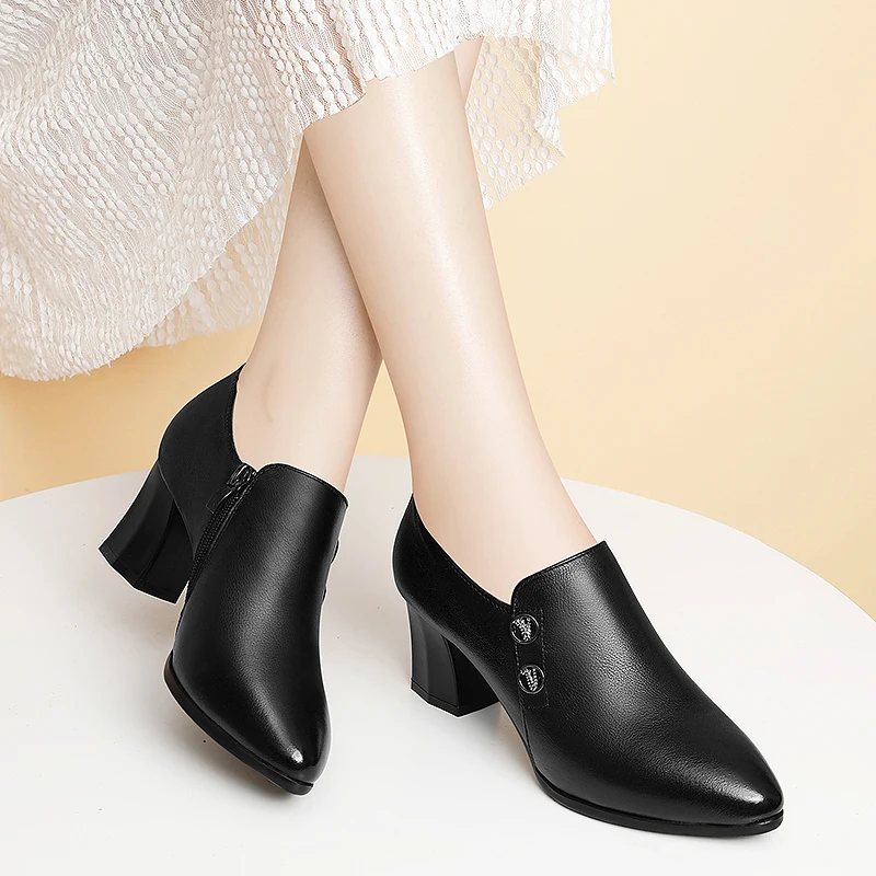 Genuine Leather Shoes Dress 2024 New Autumn Women\'s Shoes Pointed Toe Thick Heel Ladies High Heels Spring Work Shoes Mid-heel