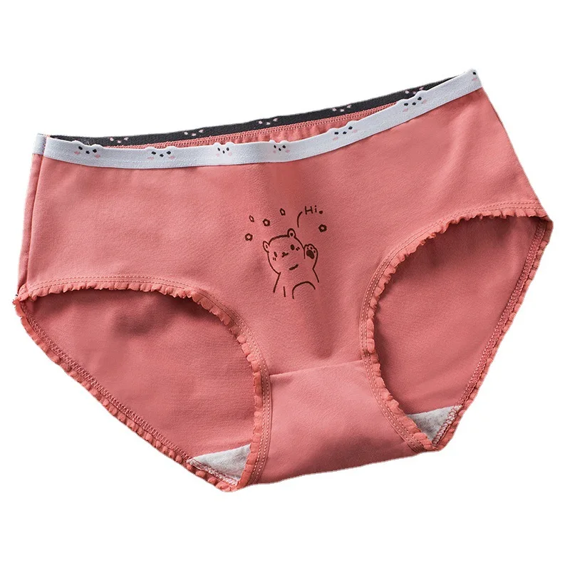 Cute Cotton Panties for Women and Girls, Sexy Lingerie, Pink Bear Printed Underwear, Mid Rise Female Soft Intimates, Thongs