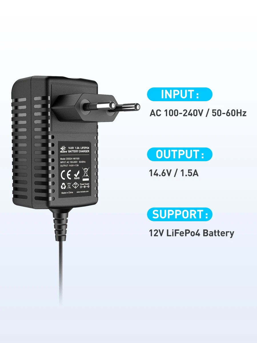 Ładowarka Melasta 14,6 V 1,5 A Lifepo4 do akumulatora litowo-żelazowo-fosforanowego 12 V