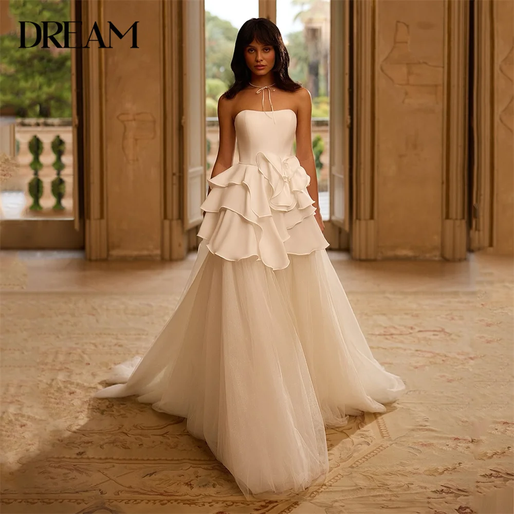 

DREAM Two-Pieces A-Line Wedding Dress Pleat Tulle Strapless Open Back Ruched Sleeveless Bridal Gown Vestidos De Novia Customized