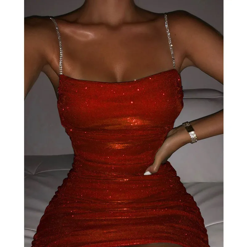 Women's Summer Elegant Pleated Prom Evening Dress A Line U Neck Sleeveless High Waist Spaghetti Strap Short Ruffle Solid Color