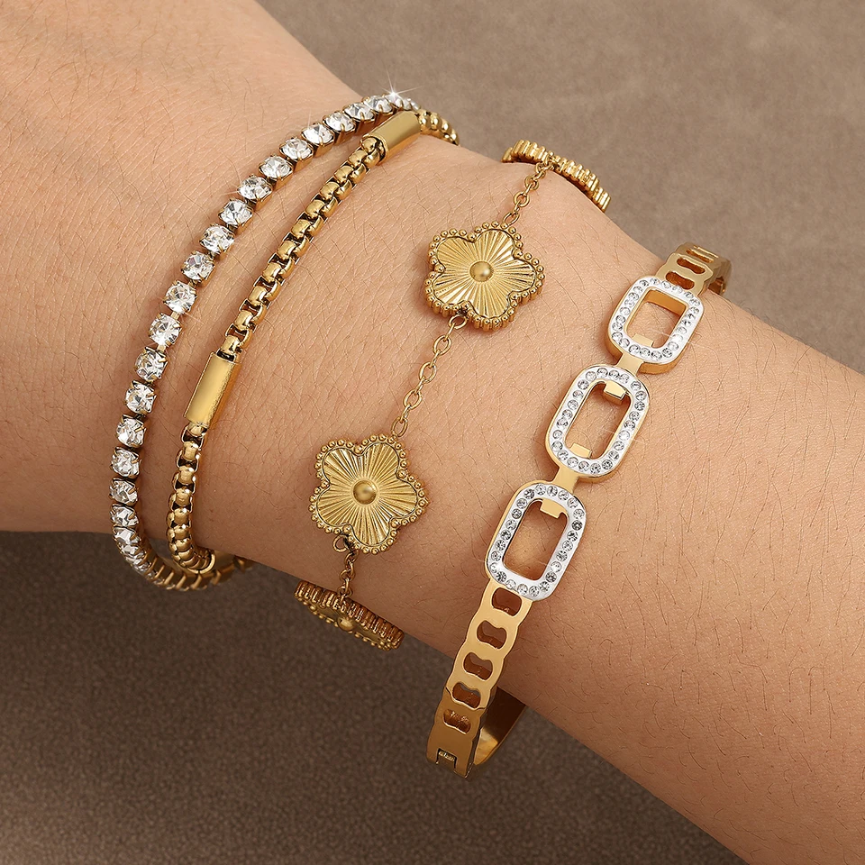 ZAKOL 3Pcs Gold Color Stainless Steel Stacked Bracelet Bangles for Women Geometric Five-Leaf Flower Zircon inlaid Bracelet Gift image 3