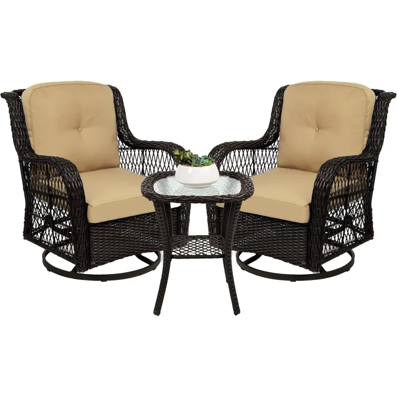 3-Piece Outdoor Wicker Patio Bistro Set w/ 2 360-Degree Swivel Rocking Chairs and Tempered Glass Top Side Table - Beige