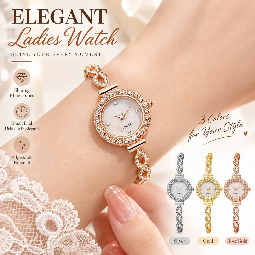 Rhinestone Quartz Watches Diamond Studded Watch Strap with Adjustable Bracelet Rotundity Shaped Watch Women Wristwatch