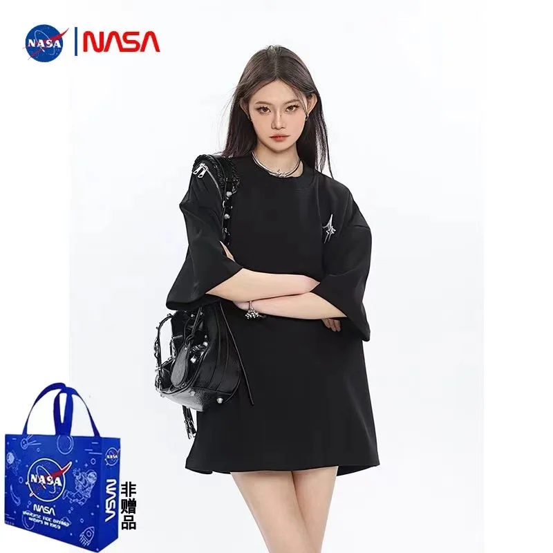 تي شيرت نسائي كبير الحجم بتصميم سحاب ونمط نجمة كاجوال فضفاض بأكمام قصيرة فستان علوي 100% قطن