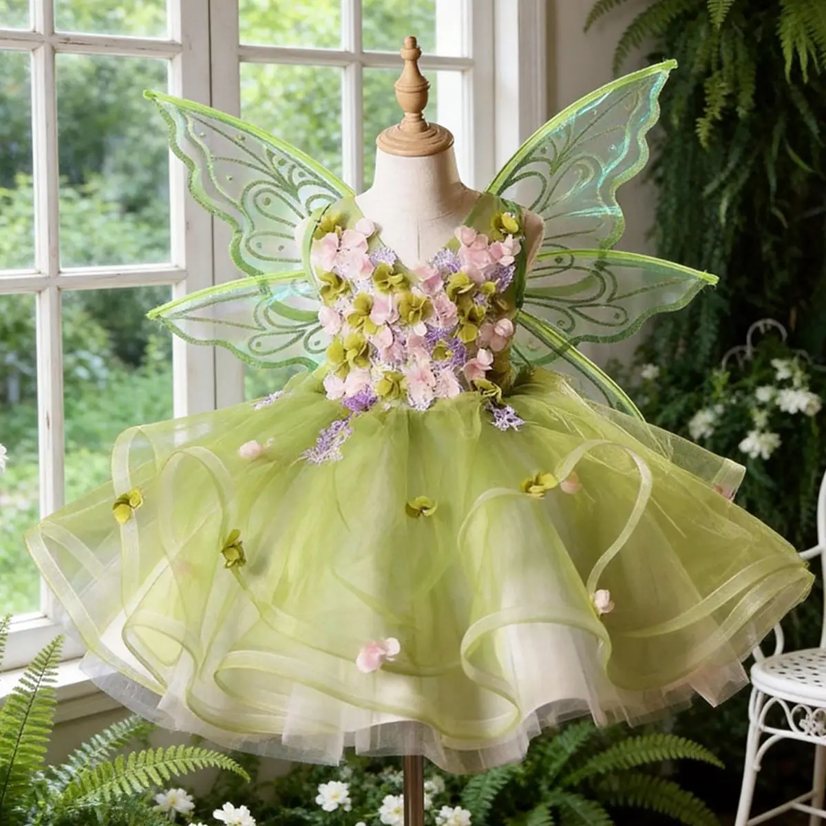 Custom Luxury Dress Flower Girl Wedding Gown Pageant Green Fairy Wing 3D Floral Tulle Kid Luxe Bday Guest Formal Gown