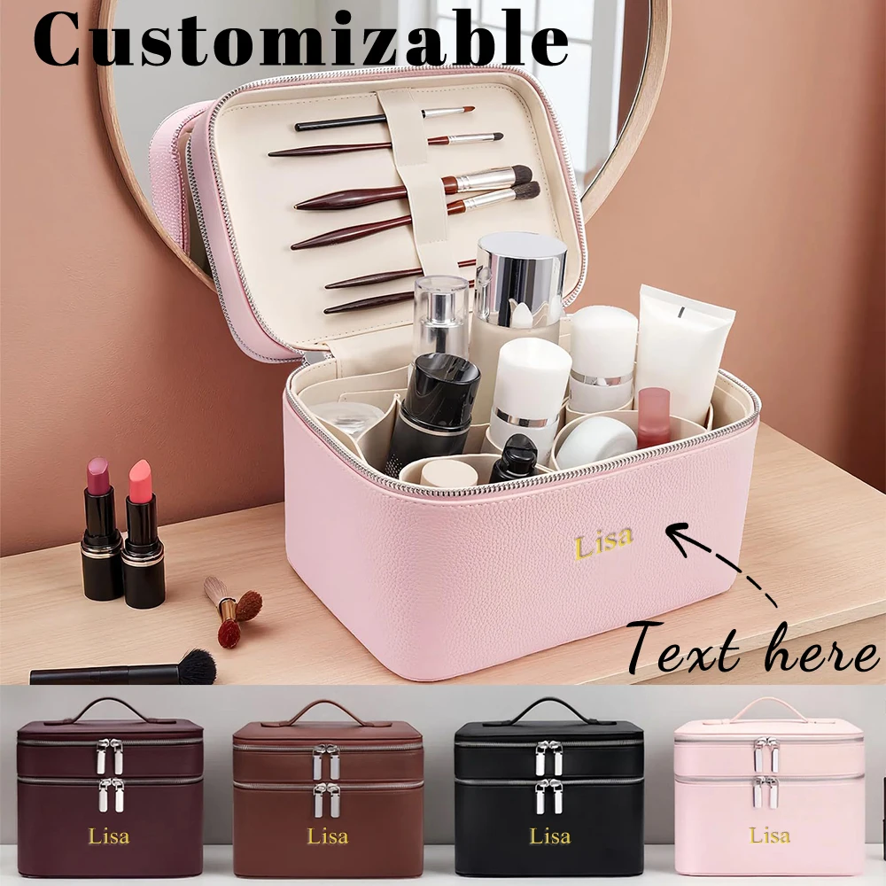 Customized Name Double-Layer Portable Professional Makeup Bag, Skin Care Toolkit, Beauty Storage Box, Multi-Partition Makeup Bag