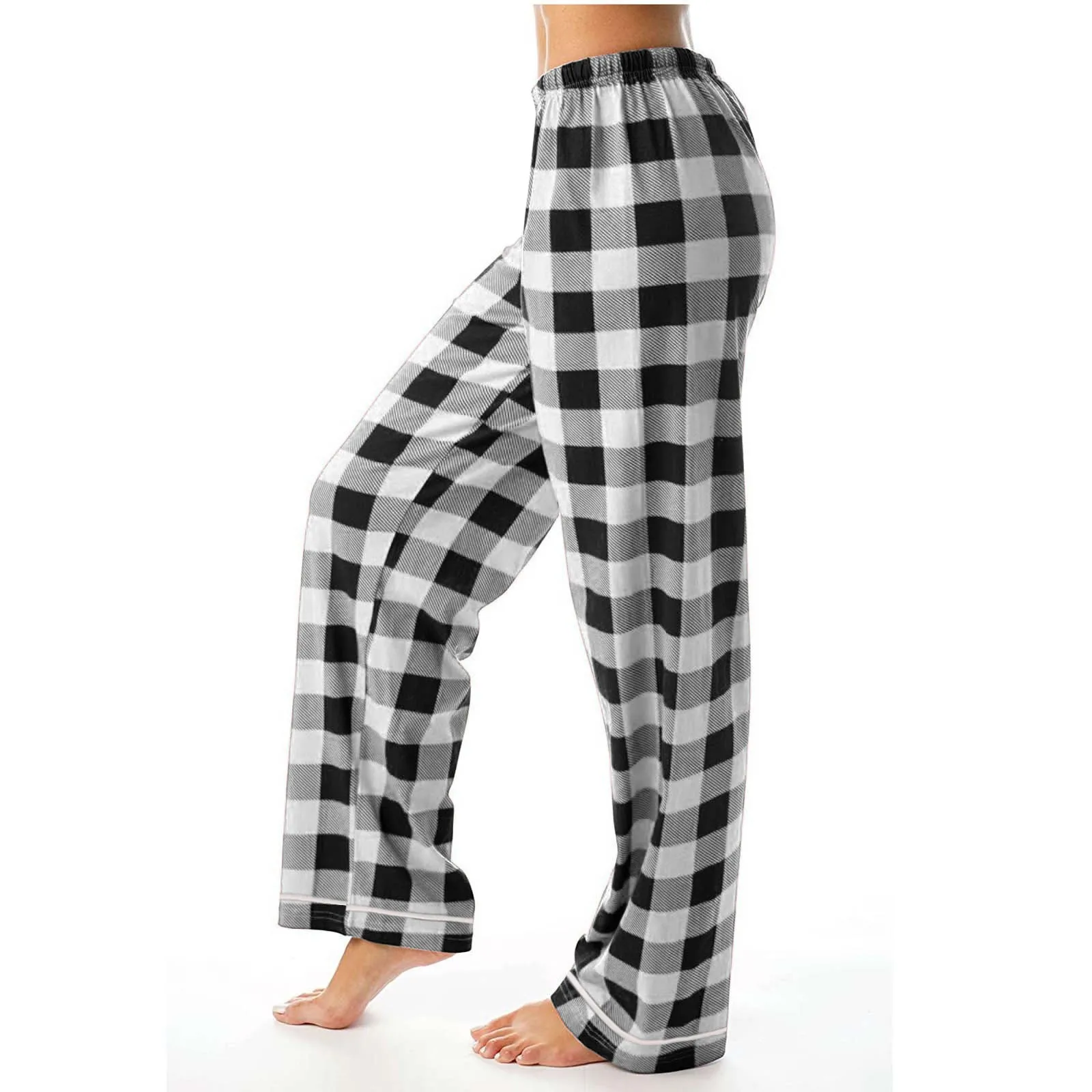 Women Christmas Red Black Green Grey Plaid Pajama Pants Vintage High Waisted Drawstring Long Pants Loose Stright Wide Leg Pants