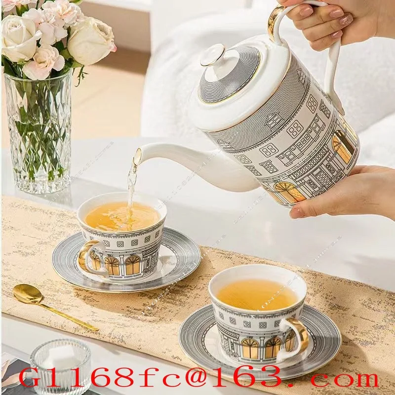 Italian Golden Roman Architecture Coffee Cup Saucer Teapot Set