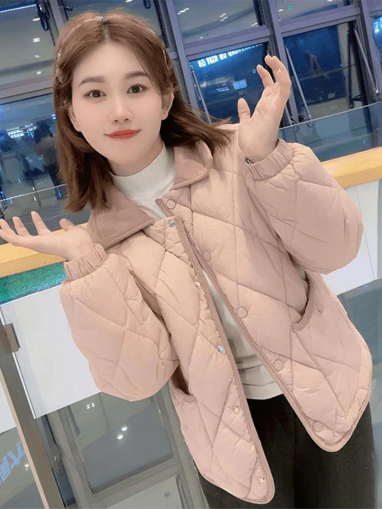 

Легкая женская модная хлопковая куртка с ромбовидным узором, утепленная пухом, с эффектом омоложения, длинными рукавами и воротником-стойкой