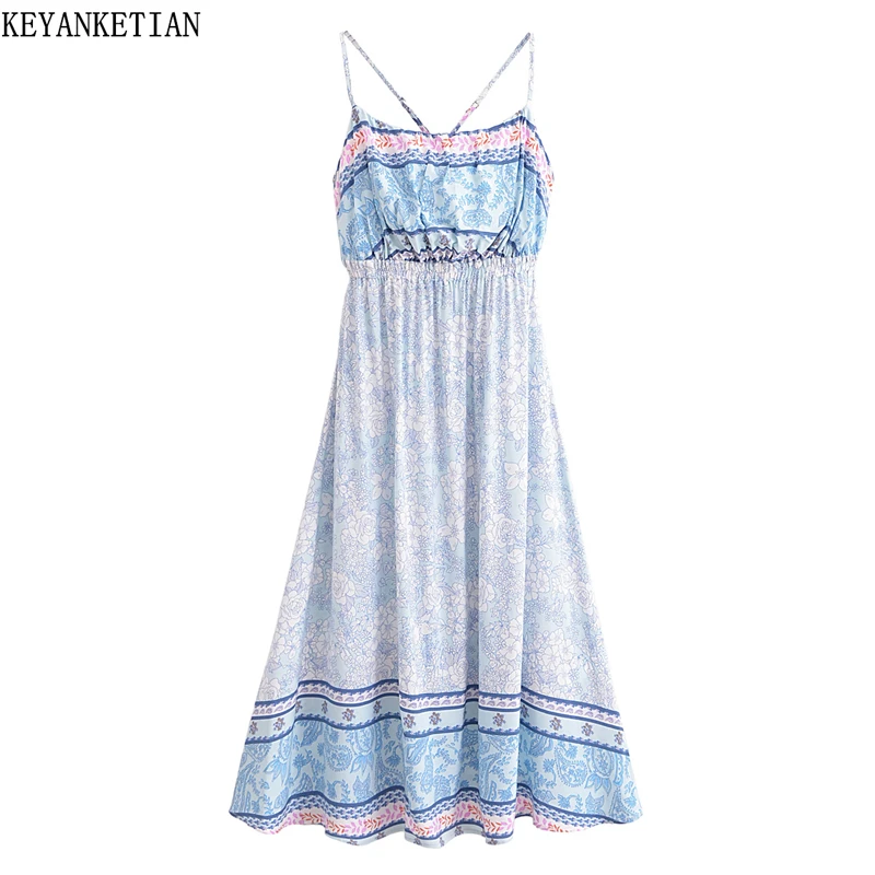 KEYANKETIAN Summer New Women's Sexy Backless Cross Suspender Positioning Printed Dress Beach Vacation A-line Long Skirt