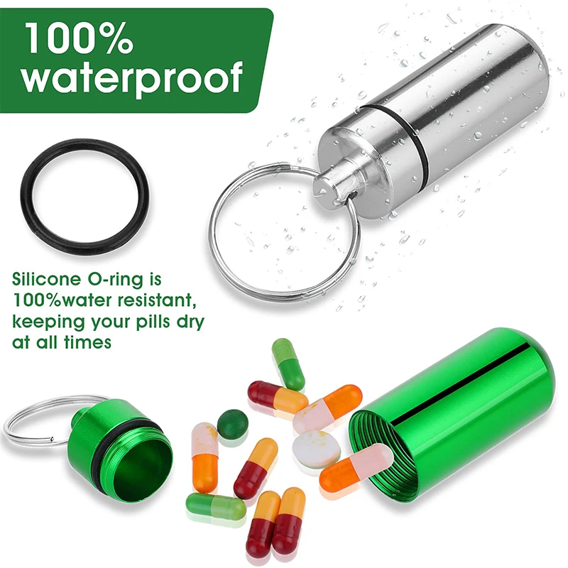 10Pcs Waterproof Capsule Shape Mini Pocket Aluminum Metal Pill Box Container Pill Holder with Keychain