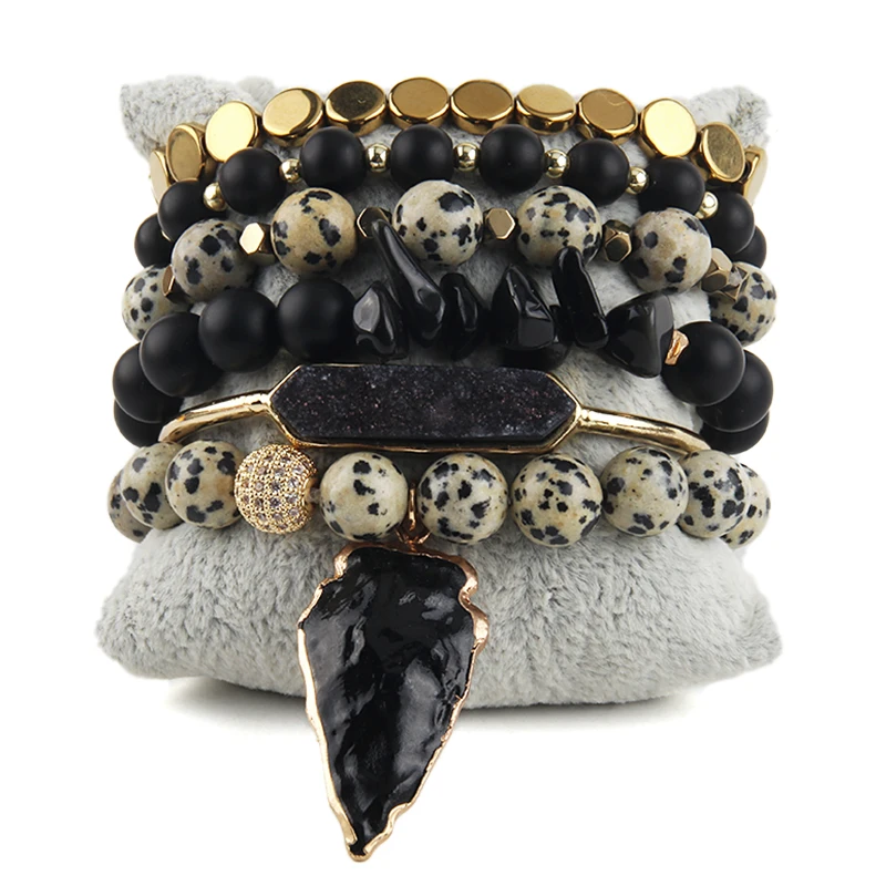 RH Fashion Bohemia Jewelry Accessory Black Stone Beaded 6pc Stack Bracelet & Bangle Sets For Women Gift