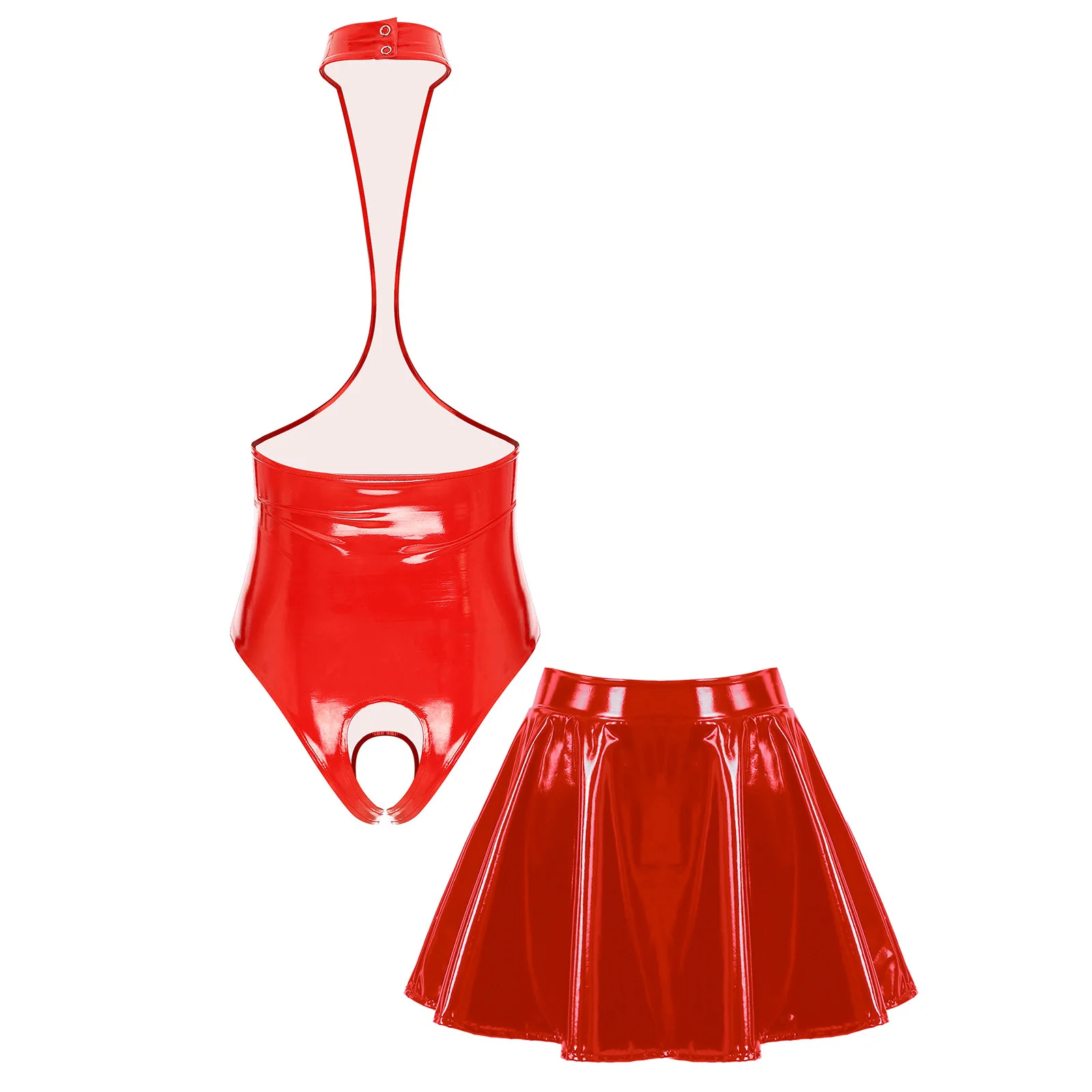 Глянцевая сексуальная клубная одежда для взрослых, комплект нижнего белья с открытой грудью и лямкой на шее, боди с вырезом в промежности и мини-юбка трапециевидной формы, ночное белье