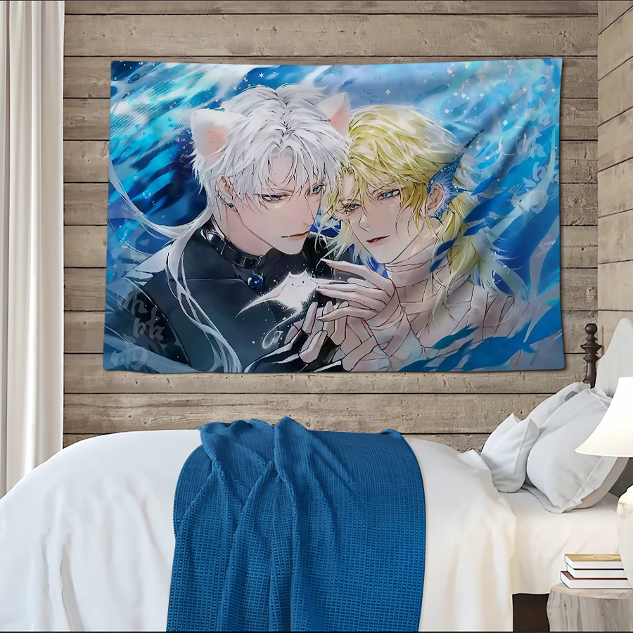 1PC Digital Printed Tapestry Wall Hanging, Anime Cat Ears Couple Blue Water Background, Yaoi BL Otaku Room Wall Art Decor