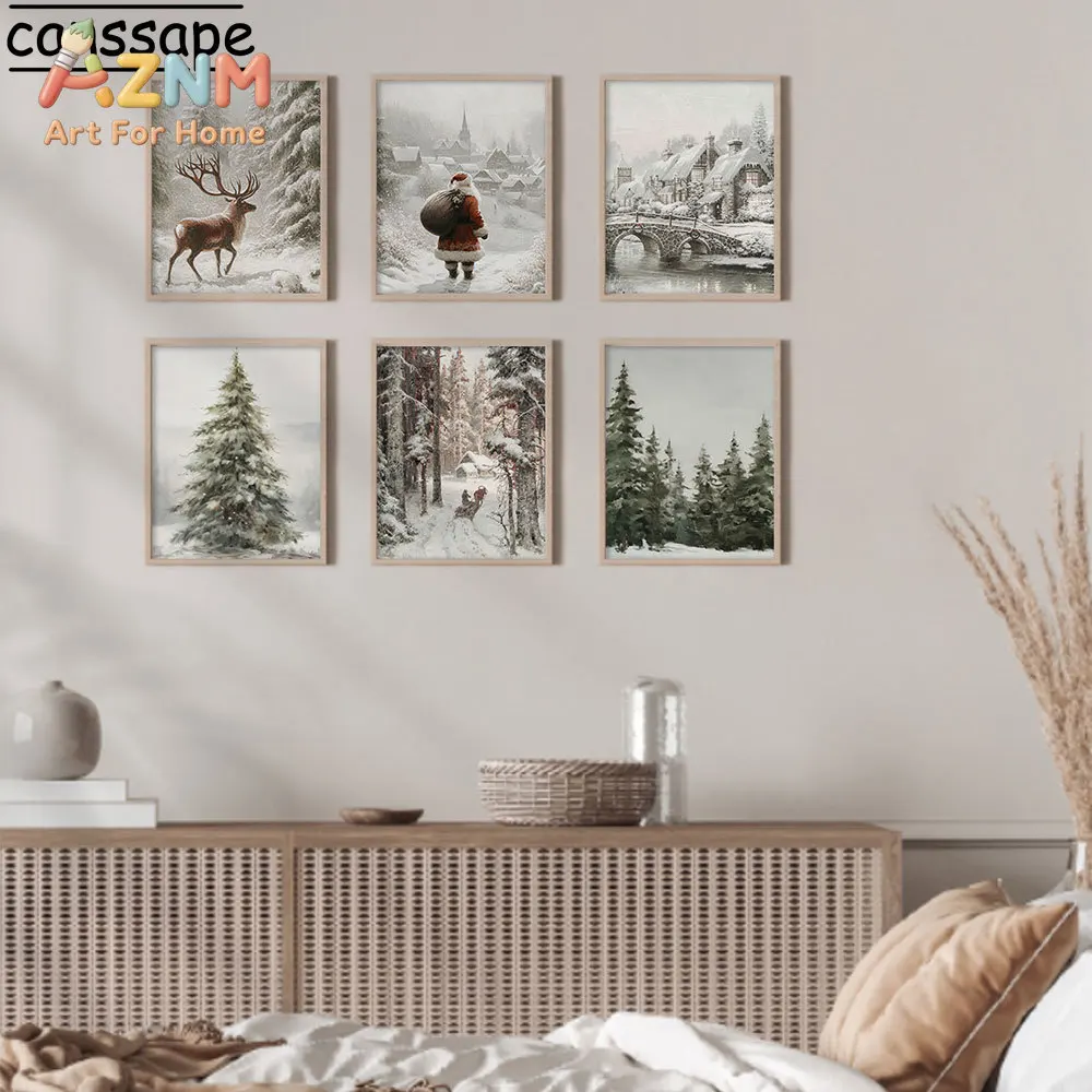 Christmas Snowy Landscape Wall Art Santa Deer Wood Pine Canvas Painting Picture Winter Village Poster BedRoom Decoration