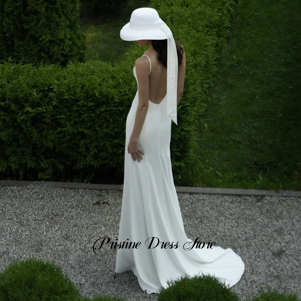 Simple Sheath Spaghetti Straps Wedding Dress for Brides Customized High Quality Jersey V-Neck Sweep Train Open Back Bridal Gowns