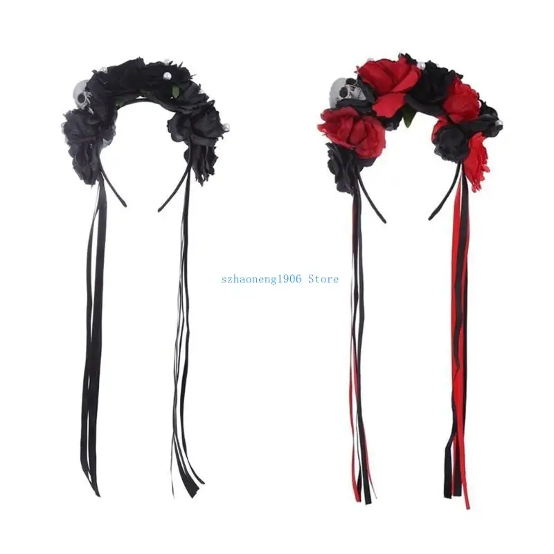 

85LF Skull Headband Day Of the Dead Headband Goth Flower Crowns Goth Flower Headband